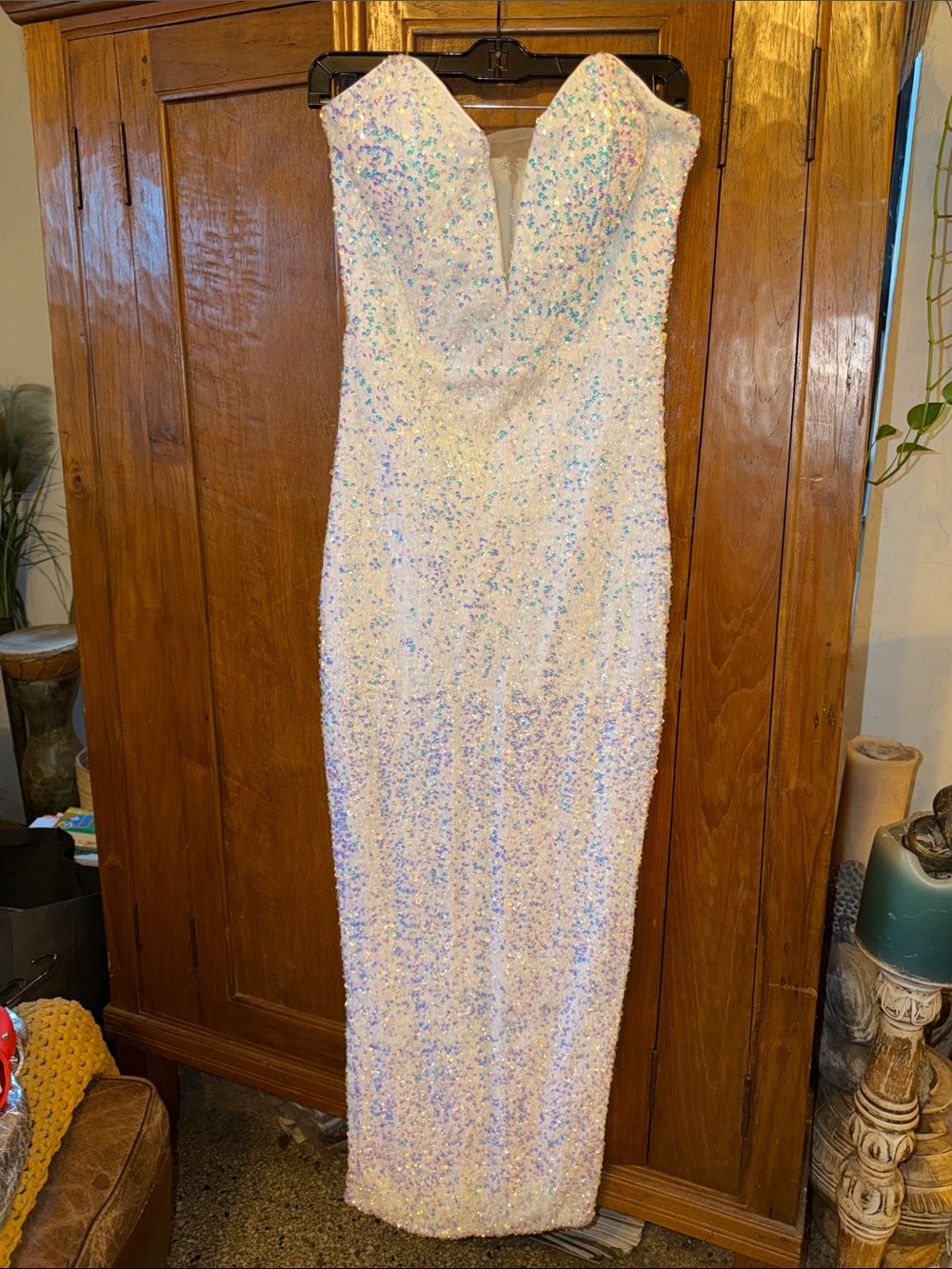Elegant Strapless Sequin Evening Dress - Ivory Iridescent